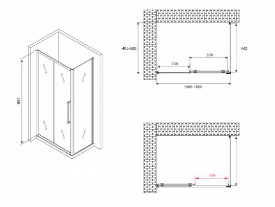 Душевой уголок ABBER Schwarzer Diamant AG30160H-S50 160х50 см схема 2