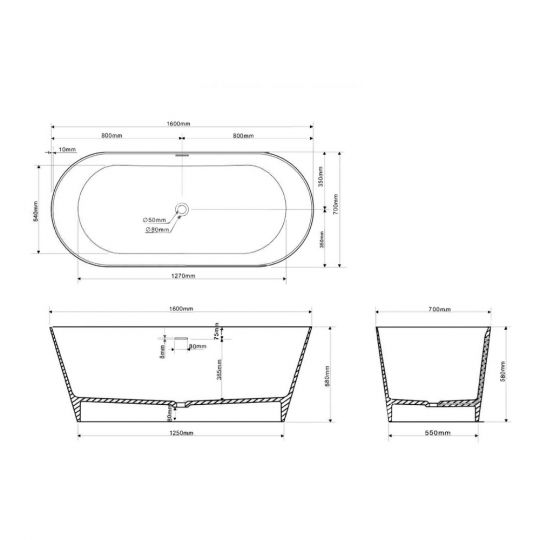 Ванна из искусственного камня ABBER Stein AS9626 белая матовая схема 2