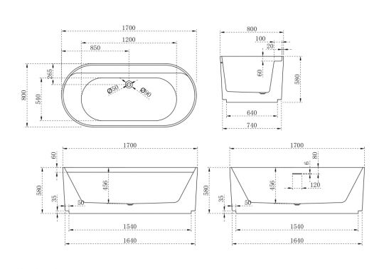 Акриловая ванна ABBER AB9444MW белая матовая схема 2