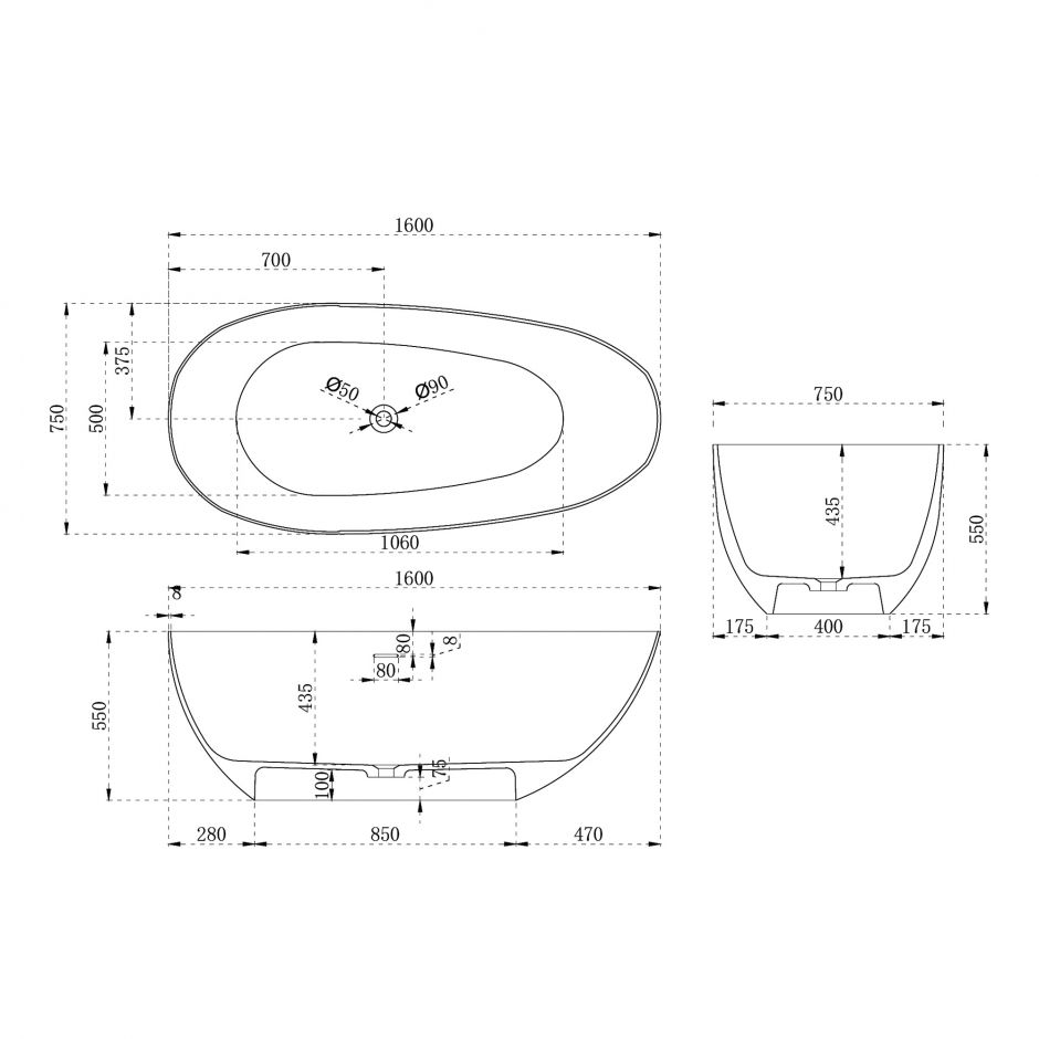 Ванна из искусственного камня ABBER Stein AS9611-1.6 белая матовая ФОТО