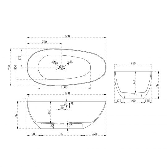 Ванна из искусственного камня ABBER Stein AS9611-1.6 белая матовая схема 2
