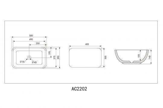 Раковина накладная ABBER Rechteck AC2202MW белая матовая схема 2 Раковина накладная ABBER Rechteck AC2202MW белая матовая схема 2