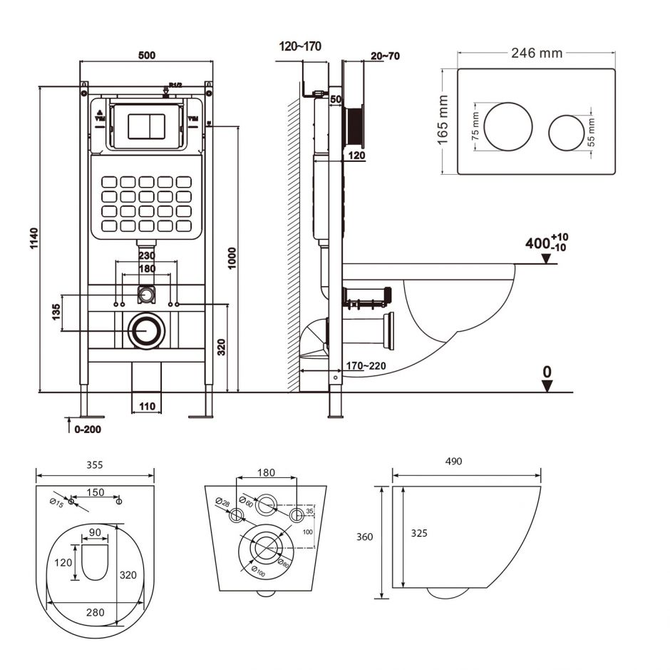 Комплект ABBER унитаз AC1100MB черный матовый с инсталляцией AC0105 и кнопкой AC0120MB, биде AC1150MB с инсталляцией AC0101P ФОТО
