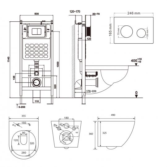 Комплект ABBER унитаз AC1100MB черный матовый с инсталляцией AC0105 и кнопкой AC0120MB, биде AC1150MB с инсталляцией AC0101P схема 2