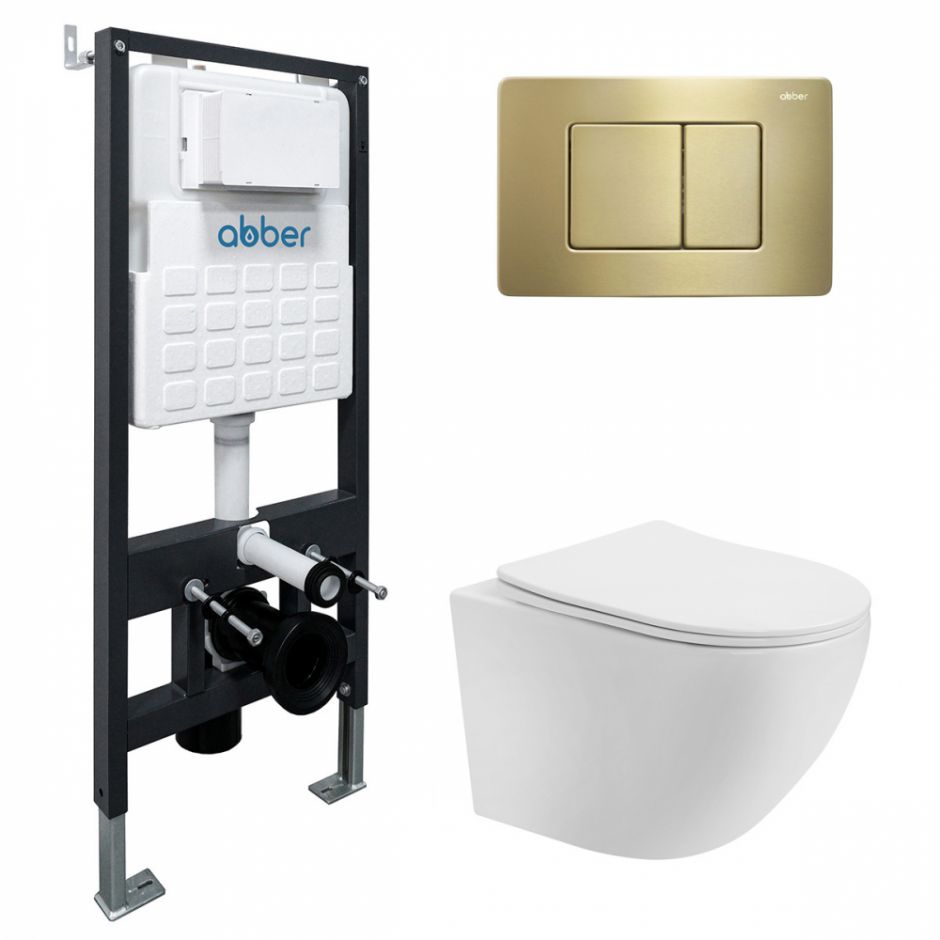 Изображение Комплект подвесной унитаз ABBER Bequem AC1100T белый с инсталляцией AC0105 и кнопкой AC0120MMG золото матовое