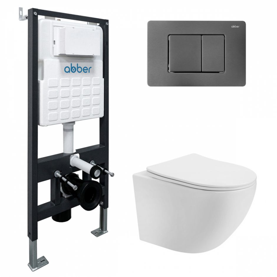 Изображение Комплект подвесной унитаз ABBER Bequem AC1100T белый с инсталляцией AC0105 и кнопкой AC0120NG никель