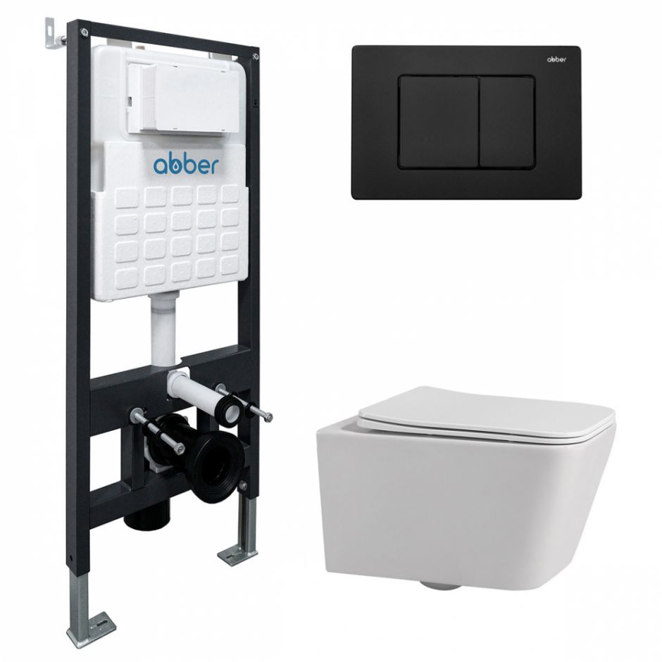 Изображение Комплект подвесной унитаз ABBER Rechteck AC1201 белый с инсталляцией AC0105 и кнопкой AC0120MB черный матовый