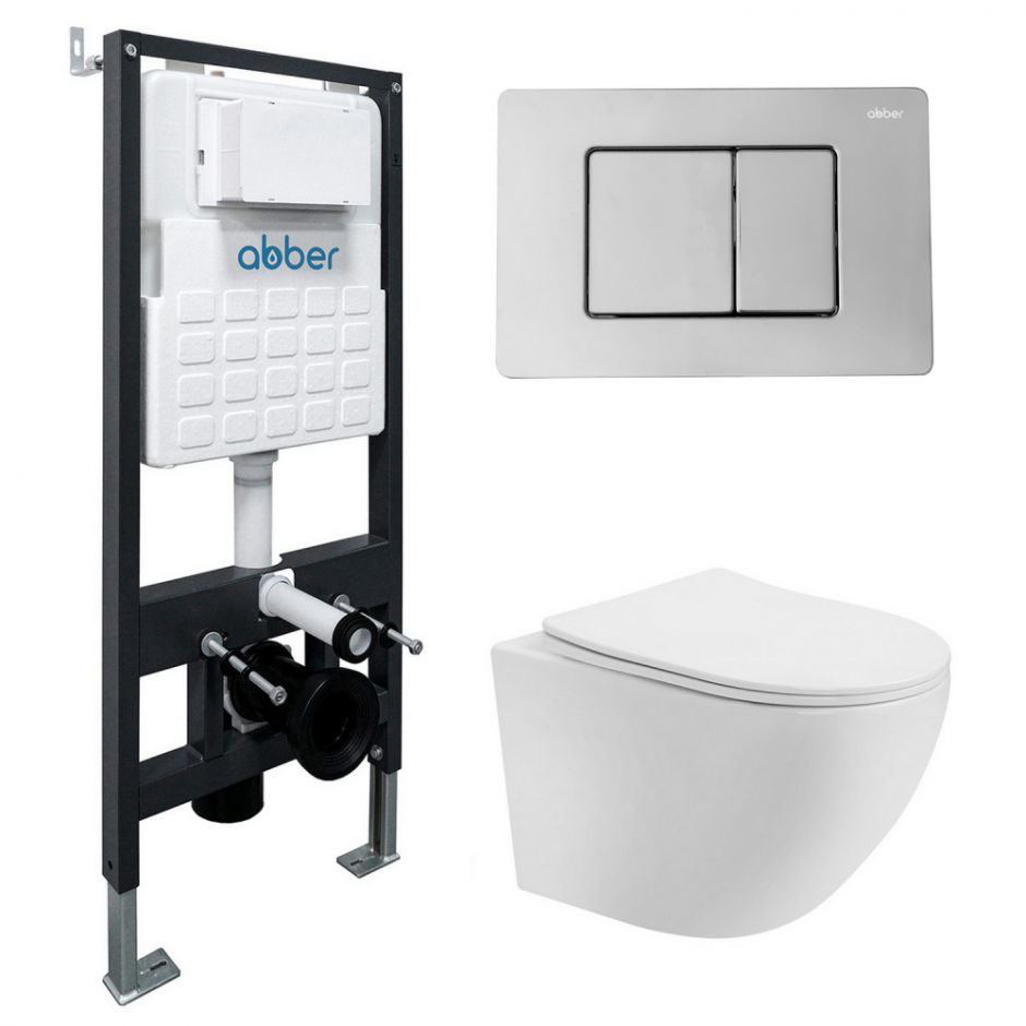 Изображение Комплект подвесной унитаз ABBER Bequem AC1100T белый с инсталляцией AC0105 и кнопкой AC0120 хром