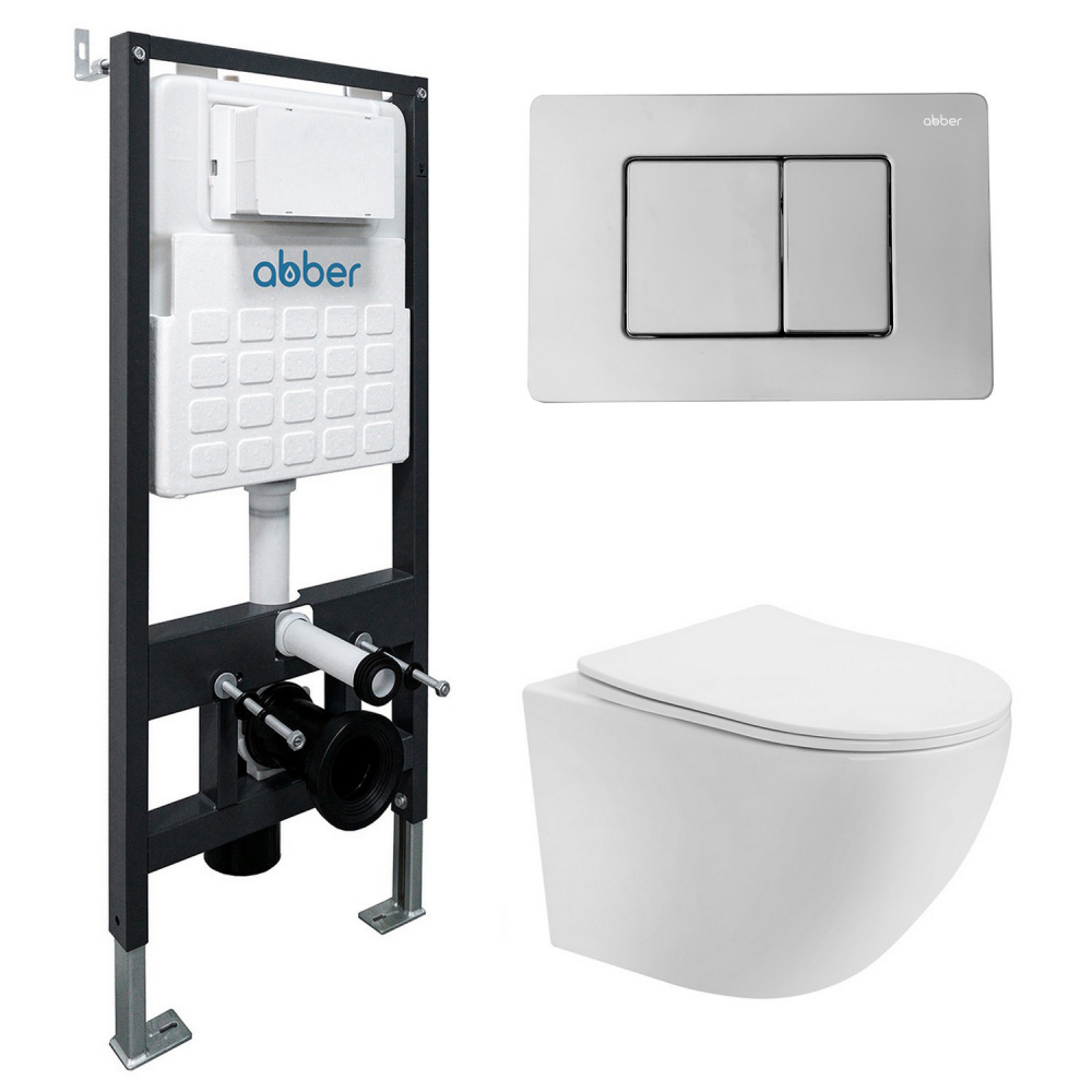 Комплект подвесной унитаз ABBER Bequem AC1100T белый с инсталляцией AC0105 и кнопкой AC0120 хром цена от 30 983 ₽ Фото Комплект подвесной унитаз ABBER Bequem AC1100T белый с инсталляцией AC0105 и кнопкой AC0120 хром