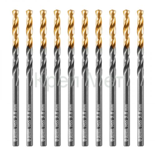 Сверло по металлу, 3,8 мм, HSS-Tin, Golden Tip, 10 шт. Denzel