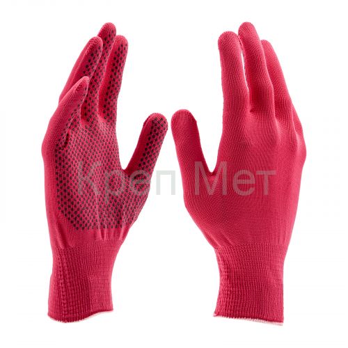 Перчатки Нейлон, ПВХ точка, 13 класс, цвет розовая фуксия, L
