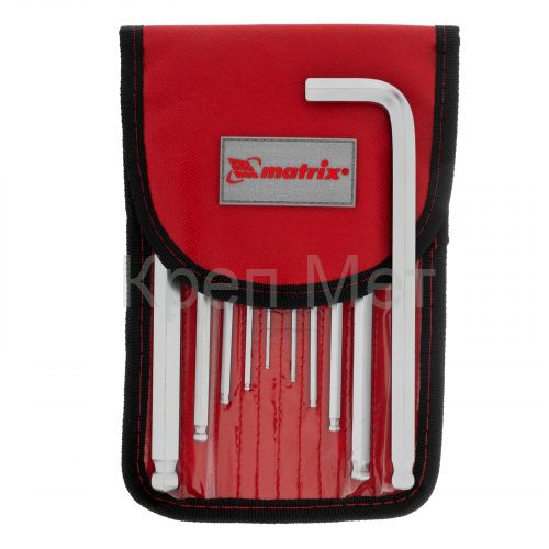 Набор ключей имбусовых HEX, 1.5-12 мм, CrV, 10 шт, удлиненных, шарообразный наконечник, с сатинированным покрытием, чехол Matrix