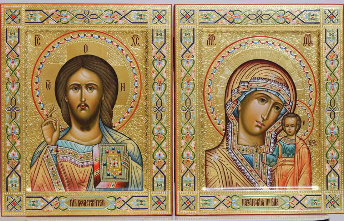 Венчальная пара: Казанская БМ и Господь Вседержитель 17х21 см (рукописные иконы с сусальным золотом, ювелирными эмалями и чеканкой)