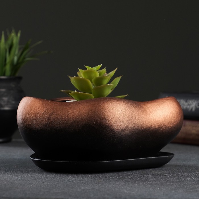 Горшок для кактусов и суккулентов «Бонсай», 600 мл, 17?14?8 см, керамический, с поддоном, цвет бронзовый