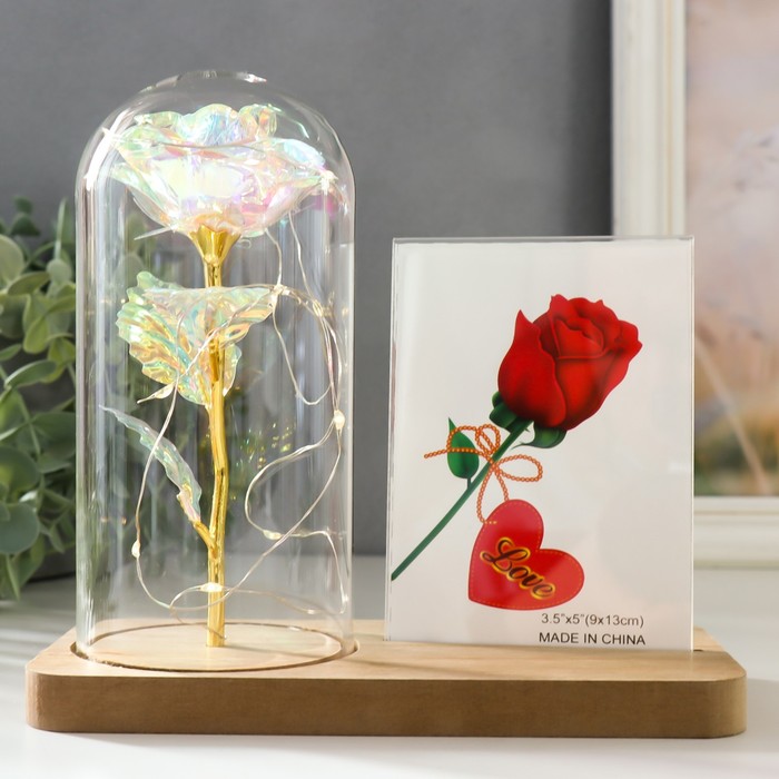Фоторамка для фото 9?13 см настольная светящаяся «Голография. Роза в колбе», от батареек, 2?LR1130, 9.8?19.5?18 см