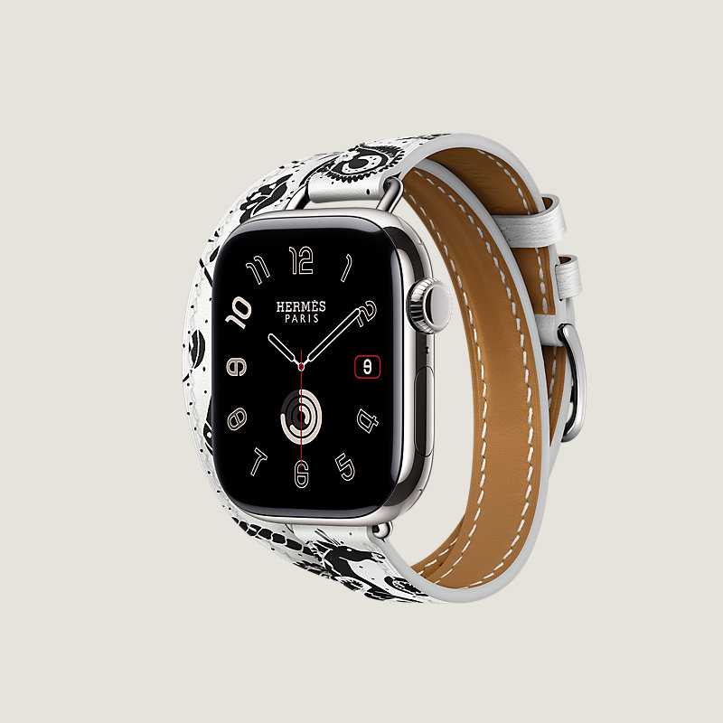 Часы Apple Watch Hermès Series 11 GPS + Cellular 42mm Silver Titanium Case with Blanc Animaux Bandana Attelage Double Tour