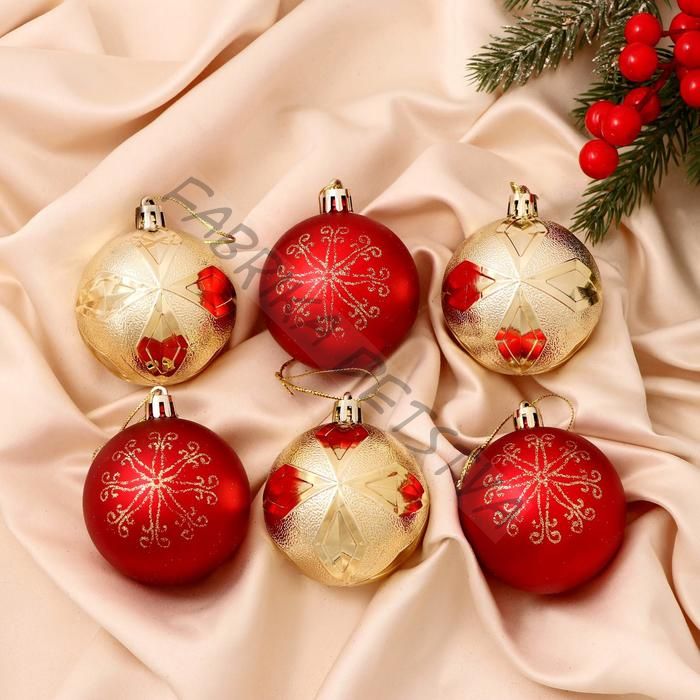 Ёлочные игрушки, шары новогодние, пластик, набор d=6 см, 6 шт. «Беата узоры» золотисто-красный