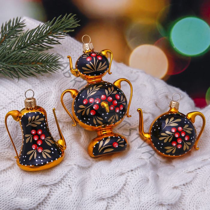 Ёлочные игрушки «Чаепитие», набор: кофейник-6.5 см, самовар-10.5 см, чайник-5 см