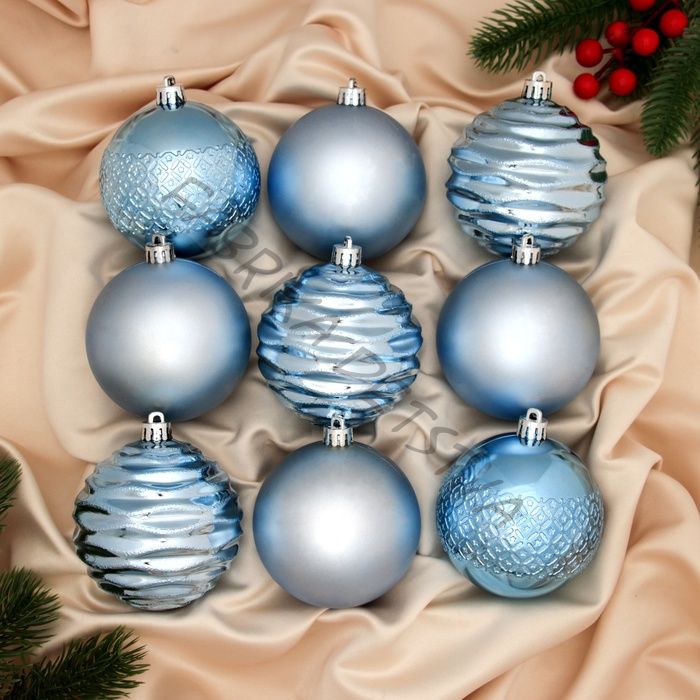 Ёлочные игрушки «Эйри», шары новогодние, d=8 см, набор 9 шт., голубой