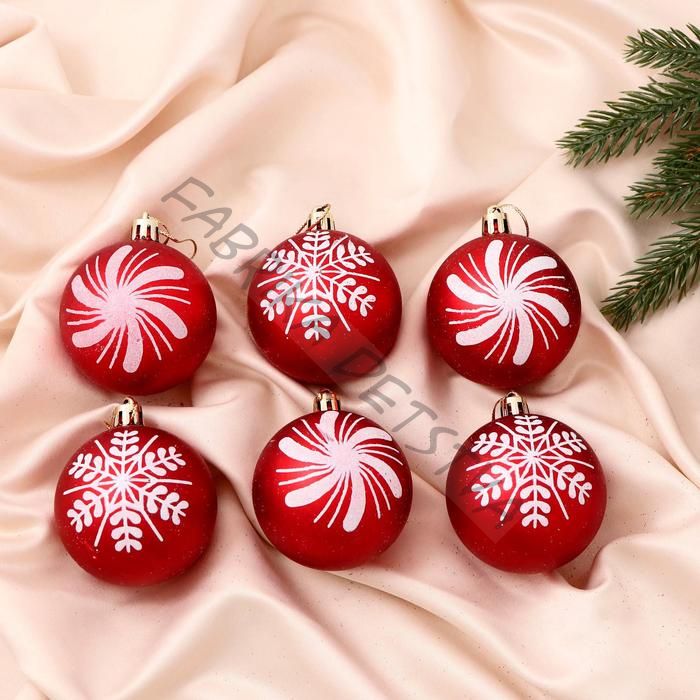 Ёлочные игрушки «Снежинки ассорти», шары новогодние, d=6 см, набор 6 шт., красный