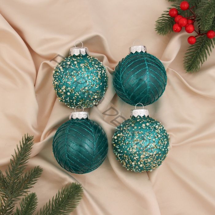 Ёлочные игрушки «Аустен», шары новогодние, d=8 см, 4 шт., паутинка, бирюзовый