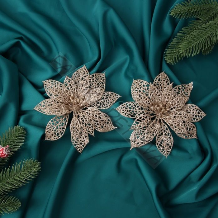 Ёлочные игрушки 2 шт. «Зимнее волшебство. Цветы сетка блеск», на зажимах, 13x13 см, золото