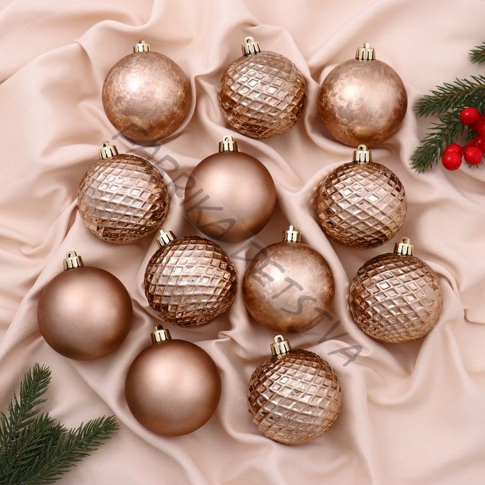 Ёлочные игрушки «Алета сеточка», шары новогодние, d=7 см, набор 12 шт., коричневый