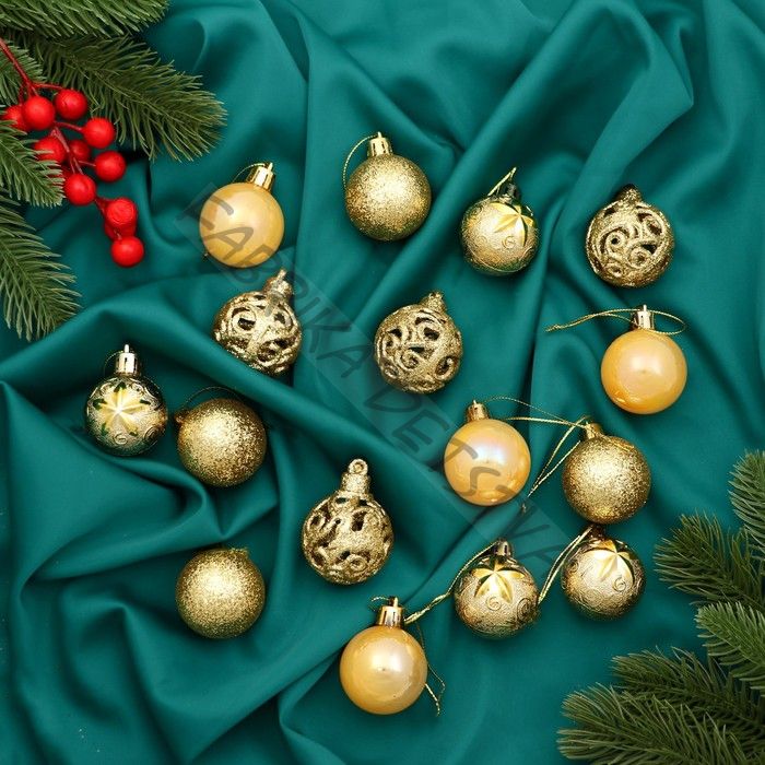 Ёлочные игрушки «Мелодия», шары новогодние, d=4 см, набор 16 шт., орнамент, золото