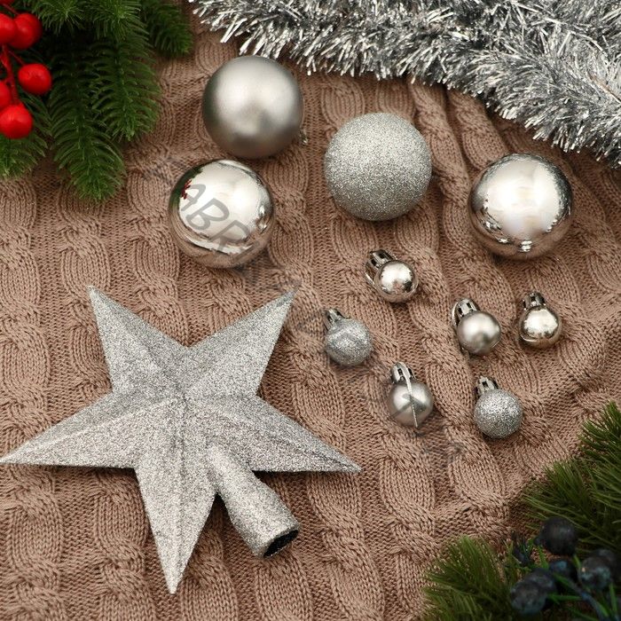 Ёлочные игрушки «Звёздное небо», шары новогодние, набор 54 шт., мишура 2.5 см, серебро