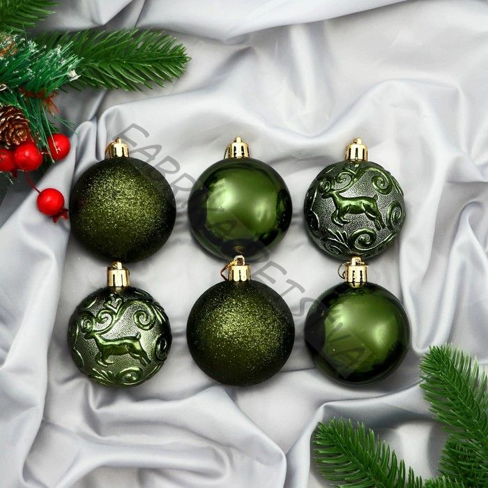 Ёлочные игрушки «Олень», шары новогодние, 12 шт., набор d=6 см, зелёный