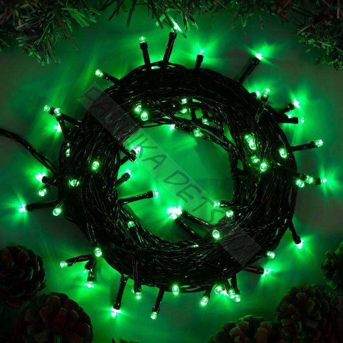 Гирлянда «Нить» 10 м, IP20, тёмная нить, 100 LED, 8 режимов, 220 В, свечение зелёное
