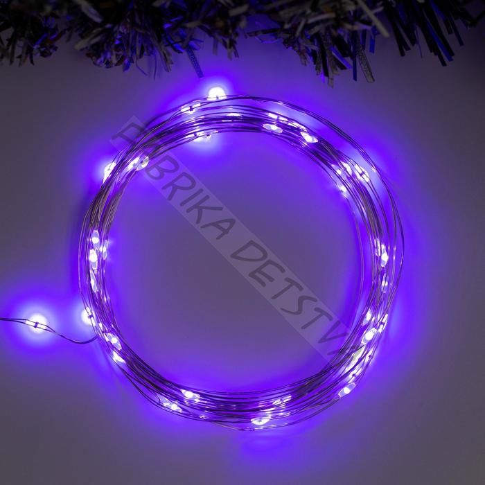 Гирлянда «Нить» 5 м роса, IP20, серебристая нить, 50 LED, 2 режима, батарейки AAх3 (нет в комплекте), свечение фиолетовое