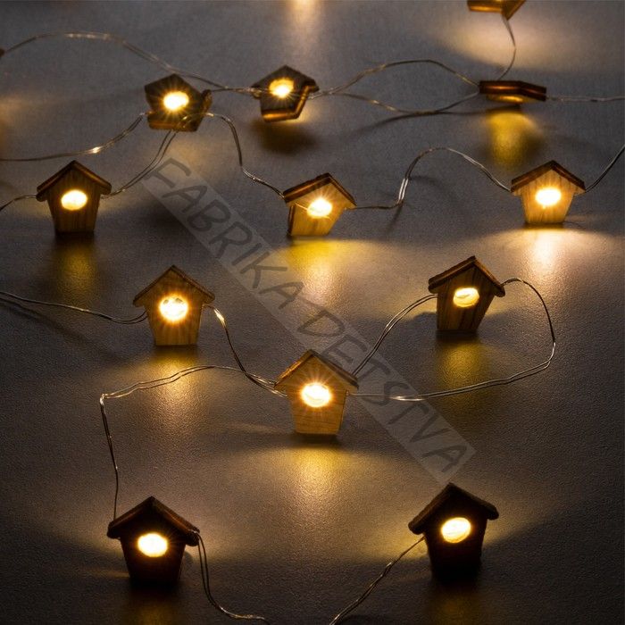 Гирлянда «Нить» 2 м роса с насадками «Домик», IP20, серебристая нить, 20 LED, батарейки ААх2 (нет в комплекте), свечение тёплое белое