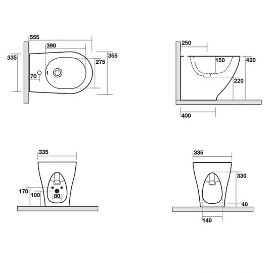 Биде напольное Kerasan Aquatech 372201 55x35см, одно отверстие под смеситель схема 2