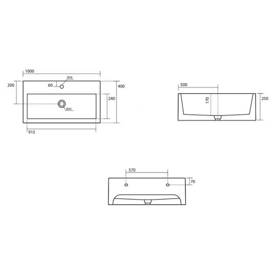 Подвесная раковина Kerasan Lavabi arredo 574301*1, прямоугольная 100x40 см, одно отверстие под смеситель схема 2