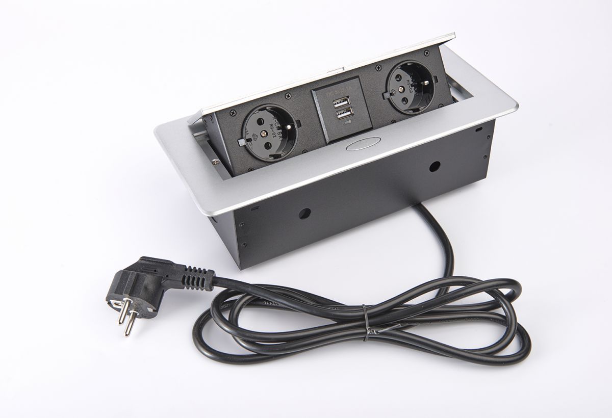 Встраиваемая выдвижная розетка TORO (на 2 розетки, 2 USB)