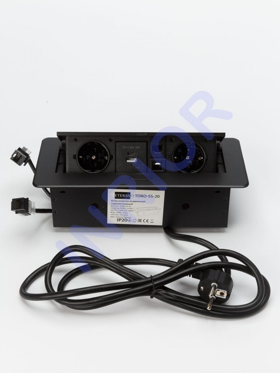 Выдвижная розетка, выдвижной блок розеток для офиса информационный TORO-55 (2 EURO розетки, 2 RJ45, 2 USB C + А (18W))