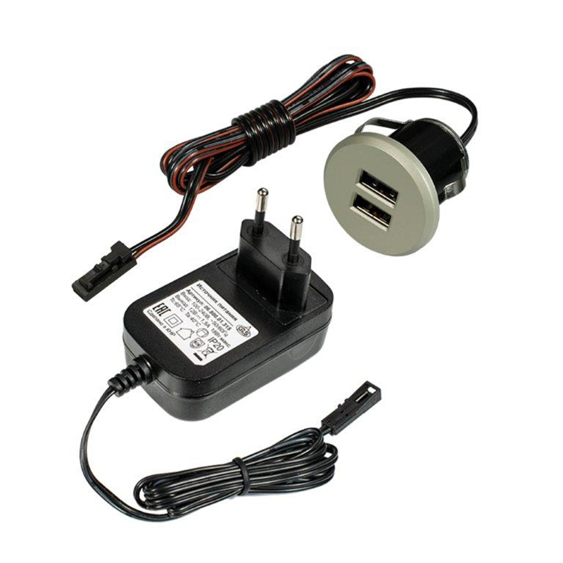 Врезное USB зарядное устройство 2 x USB (S) + сетевой адаптер 220В 2 метра, встраиваемое в стол, в столешницу, в мебель