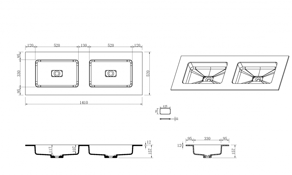 Раковина накладная Armadi Art Quatro 793-140-2-W 141х52 см, две чаши ФОТО