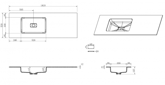 Раковина Armadi Art Quatro 793-140-W-R 141х52 см, чаша справа схема 2 Раковина Armadi Art Quatro 793-140-W-R 141х52 см, чаша справа схема 2