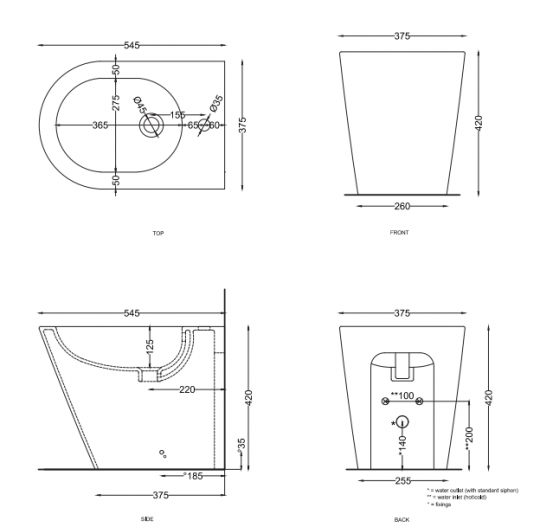 Биде напольное Cielo Mare MRBI с 1 отверстием под смеситель схема 2