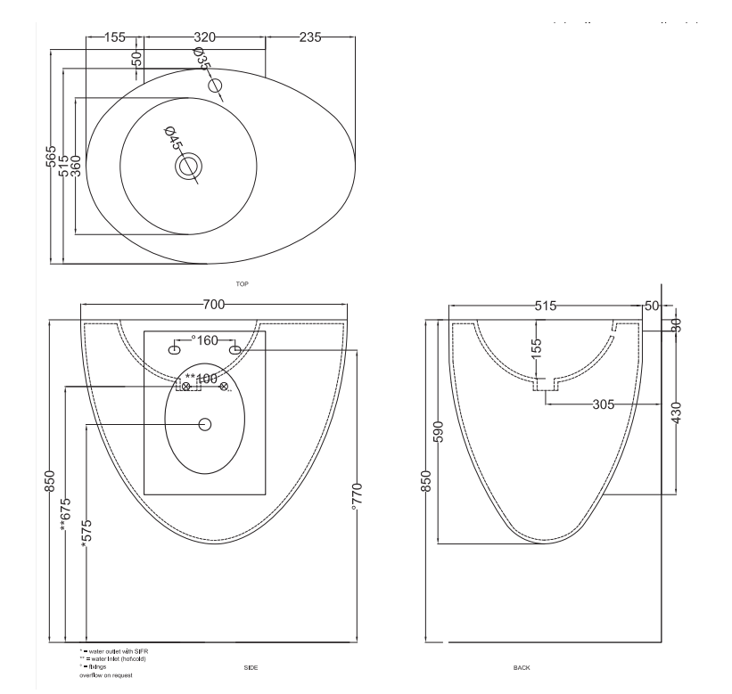 Раковина подвесная Cielo Le Giare LGLS70TR/LGLS70TRSF с переливом 70х56х59 см ФОТО