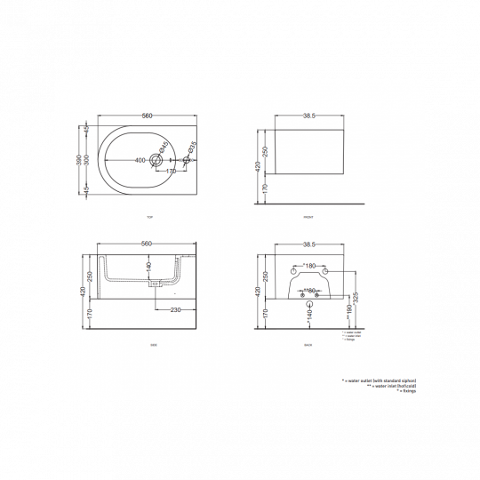 Биде подвесное Cielo Otis OTBS с 1 отверстием под смеситель, крепеж в комплекте схема 2 Биде подвесное Cielo Otis OTBS с 1 отверстием под смеситель, крепеж в комплекте схема 2