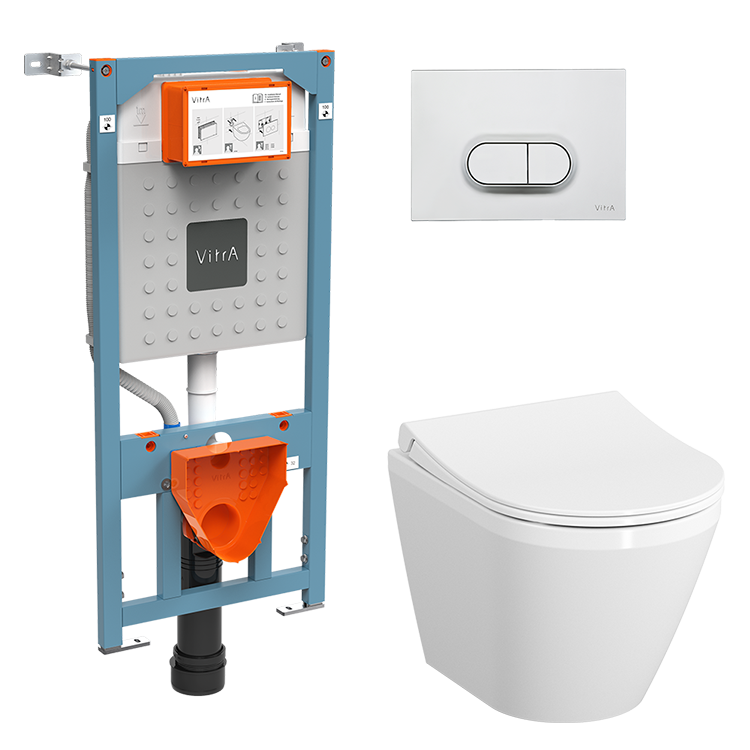 Инсталляция с унитазом VitrA Integra Round комплект 4в1 безободковый, клвиша матовый хром 9004B003-7202