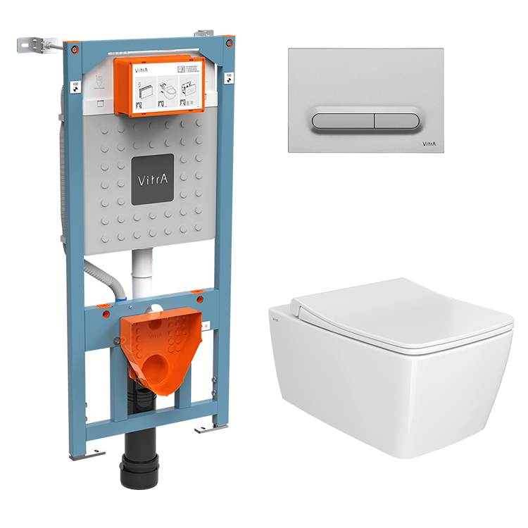 Инсталляция с унитазом VitrA Metropole комплект 4в1 безободковый, клвиша матовый хром 9820B003-7201