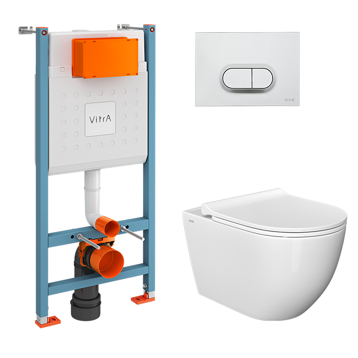 Инсталляция с унитазом VitrA Mia Round комплект 4в1 безободковый, клвиша матовый хром 9856B003-7200