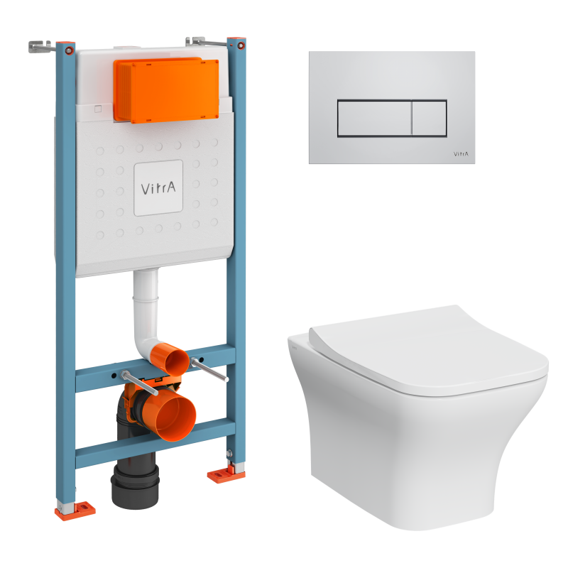 Инсталляция с унитазом VitrA Zentrum Square комплект 4в1 безободковый, клвиша глянцевый хром 9875B003-7201