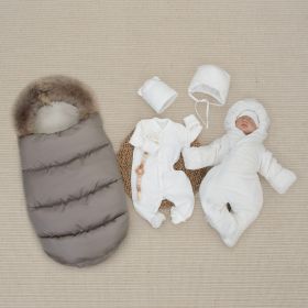 Комплект на выписку 5 предметов "Плюшевая Скандинавия", с опушкой, зимний, капучино