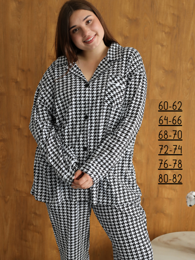 Теплая пижама больших размеров с рубашкой и штанами [черно-белый]