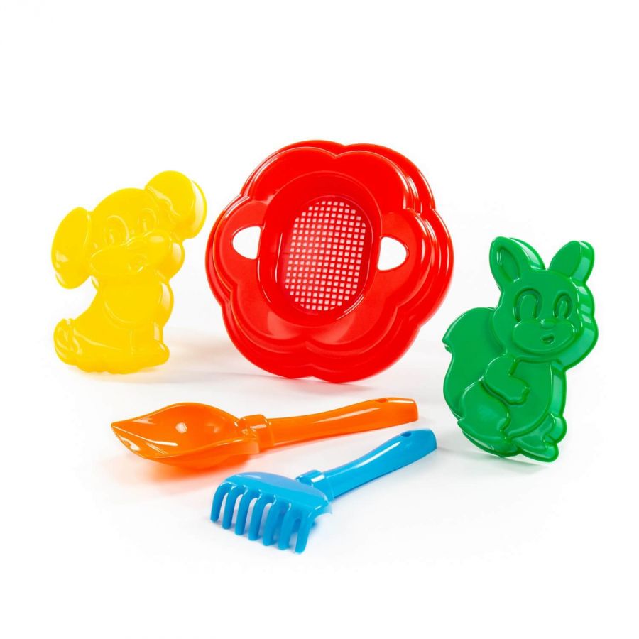 Набор №88: ситечко-цветок большое, лопатка №5, грабельки №5, формочки (белочка + пёсик)